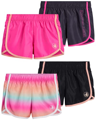Body Glove Girls 4-Pack Athletic Gym Workout Yoga Dolphin Running Shorts, Size 12 X-Large, Tie-dye Black Pink Charcoal