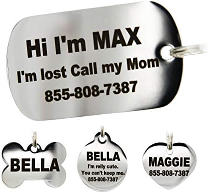 Stainless Steel Pet ID Tags - Engraved Personalized Dog Tags, Cat Tags Front & Back up to 8 Lines of Text – Bone, Round, Heart, Flower, Badge, House, Star, Rectangle, Bow Tie