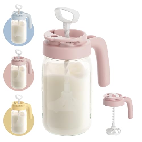 Image of Papablic Glass Formula Pitcher, Fast Baby Breastmilk Maker with Mixing Handle Lid, Wide Mouth Mason Jar Breast Milk Storage Container with Flip-Lock Spout, BPA-Free, Pink