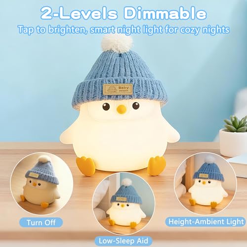 Image of FAMIDUO Penguin Night Light with Knit Hat, Cute Silicone Nursery Lamp - Dimmable Squishy Animal Light - Heartwarming Gift for New Mom, Kids Birthday & Baby Shower - Kids Room Decor