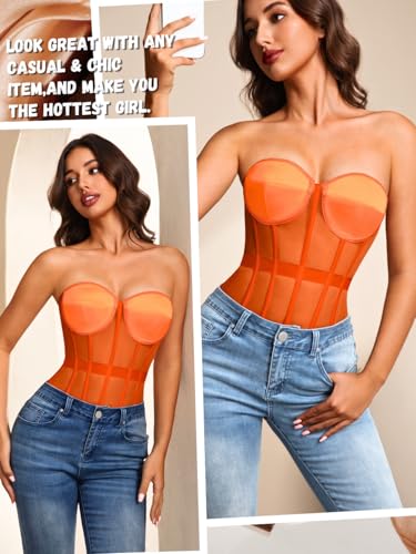 Image of Kaei&Shi Sheer Mesh Overbust Corset,Sexy Strapless Lace Up Satin Bra Corsets Top For Women Shapewear