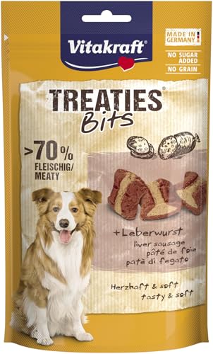 Vitakraft Treaties Bits, dolcetti per cani senza cereali, con salsiccia di fegato, con un alto contenuto di carne, come ricompensa e addestramento, senza zuccheri aggiunti (1x 120 g)