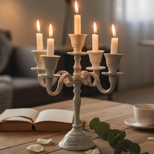 Image of Aluminum 5-Arm 8inch Ivory Candelabra for Dining Table | Vintage Candle Stand for Romantic Dinner, Home & Wedding Decor