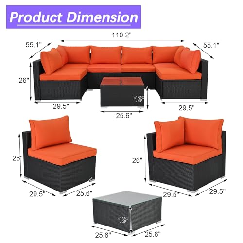 Image of 7 Piece Outdoor Sectional Outdoor Patio Furniture Set, Outdoor Patio Furniture Set with Coffee Table, Sectional Couch Sofa with Cushions, Wicker Outdoor Conversation Set for Backyard & Garden, Orange