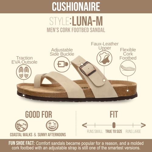 Image of CUSHIONAIRE Luna-M Slides for Men, Comfortable Cork Footbed Mens Sandals with Arch Support and Adjustable Buckle Strap