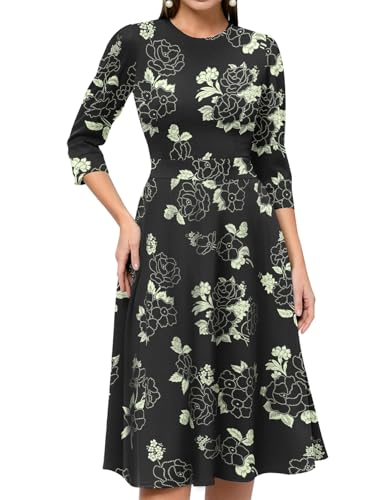 Image of Simple Flavor Women's Floral Vintage Dress Elegant Midi Evening Dress 3 /4 Sleeves