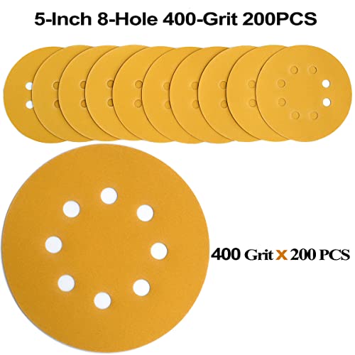 Aiyard 5-Inch 8-Hole Hook And Loop Sanding Discs, 400 Grit Random Orbital Sandpaper Discs, 200-Pack #TOP1