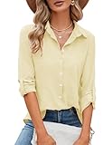 Odosalii T Shirt Damen, Musselin Blusen Sommer 3/4 Arm V Ausschnitt Oberteil, Basic Langarmshirts Casual Einfarbig mit Knöpf Langarm Hemdbluse Schule Bluse Hochzeit Reisen Tops(Hellgelb,Large)