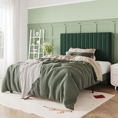 Image of Allewie Twin Bed Frame, Velvet Upholstered Platform Bed with Adjustable Vertical Channel Tufted Headboard, Mattress Foundation with Strong Wooden Slats, Box Spring Optional, Easy Assembly, Green