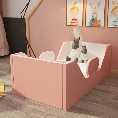 Toddler Bed, Child Bed for Kids with Extra Safty Broad, Standard Crib Size Toddler Bed, Certified Fabric Toddler Beds,Toddler Flood Bed (Mixed Pink&White)