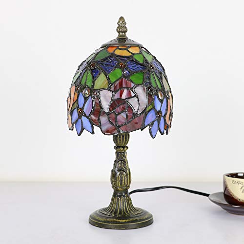 Tiffany-Stil Tischlampe 6 Zoll, E14 Vintage Glasmalerei Mini Nachtlicht, Rote Rose Blume Nacht Schlafzimmer Schreibtischlampen für Wohnzimmer(Ohne Glühbirnen) – Bild 2