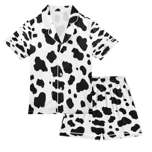Satin Pajama Sets Short Sleeve Cute Country Cow Animal Button Down Silky Nightwear 2 Piece PJS 5-14Y