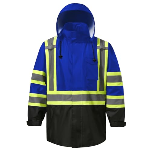 Image of Reflective Rain jackets for men waterproof,Hi Vis Safety Coat With Reflective Strips,High Visibility Class 3 Rain jackets With 2 large pockets,Zipper,Blue,SM /MD