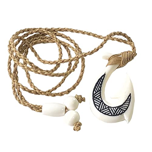 Hand Carved TATTOO Fish Hook White Buffalo Bone Hawaiian Necklace