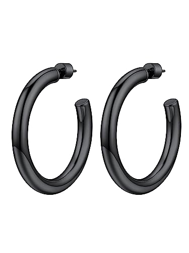 Image of Stainless Steel Chunky Hoop Earrings For Women, Minimalist and Chic, Black /Gold Plated, Round Hoops Earrings Hypoallergenic, Size: 30mm /40mm /60mm /80mm, Come with Box