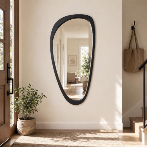 Image of Solid Wood 48x24 Matte Black Large Organic Irregular Wall Mirror | Large black statement adds modern contrast to bedroom walls, hallways, entryways, living rooms, dresser decor, black accents.