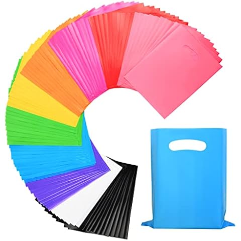 Umikk 100 Pcs Small Plastic Gift Bags, 6"x8" Party Bags for Kids Birthday, Small Plastic Bags with Handles, Party Favor Bags for Easter, Christmas, Valentine's, Craft Show, Wedding, 10 Color Cover