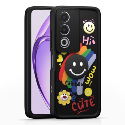 Image of Pikkme Back Cover for Oppo A3 Pro 5G | Soft Silicone| Cute Rainbow Smile & 3D Cartoon Flower Design | Shockproof Raised Camera Protection Bumper Case (Black)