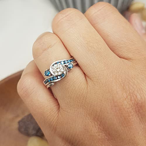 Dazzlingrock Collection 0.95 Cttw 14K Solid Gold Round Blue and White Diamond Womens Engagement Ring Set2