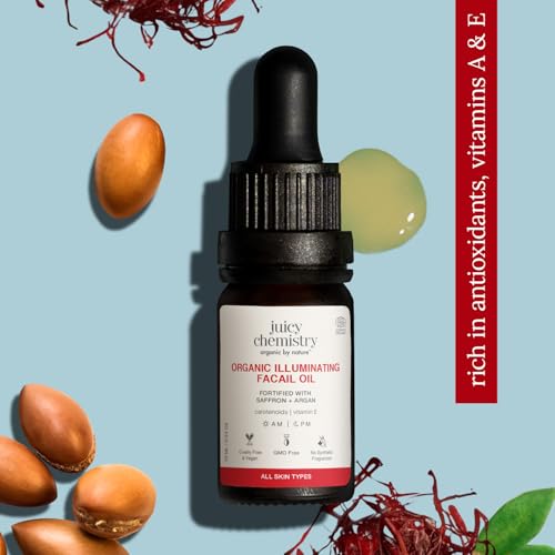Image of Juicy Chemistry Organic Illuminating Facial Oil with Saffron + Argan, 10 ml | Boosts Skin Glow | Promotes Healthier Barrier | Brightens & Evens Out Skin Tone | Non-sticky & Lightweight | Dermatologically Tested