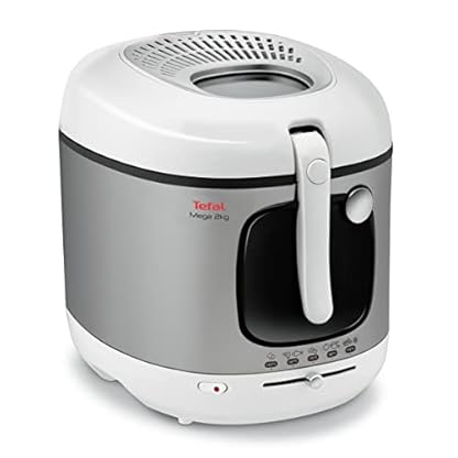 Tefal Mega 2 kg Elektrische Fritteuse, 3,3 L Öl-Kapazität, Anti-Geruchs-Filter, spülmaschinenfeste Teile, Sichtfenster, einstellbares Thermostat, weiß, Edelstahl, FR4800