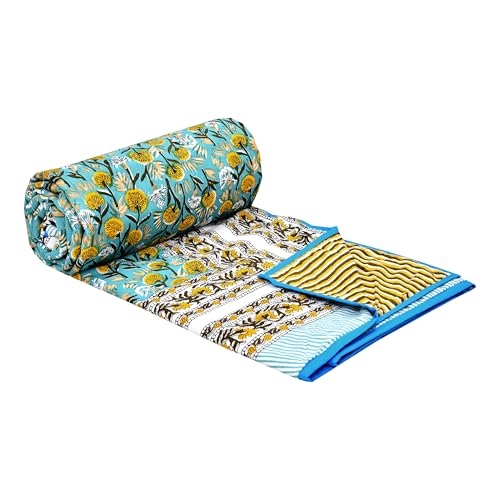 Image of BLOCKS OF INDIA Hand Block Printed Cotton Single Size Reversible Malmal Dohar for Summer (Blue GAD BUTI)