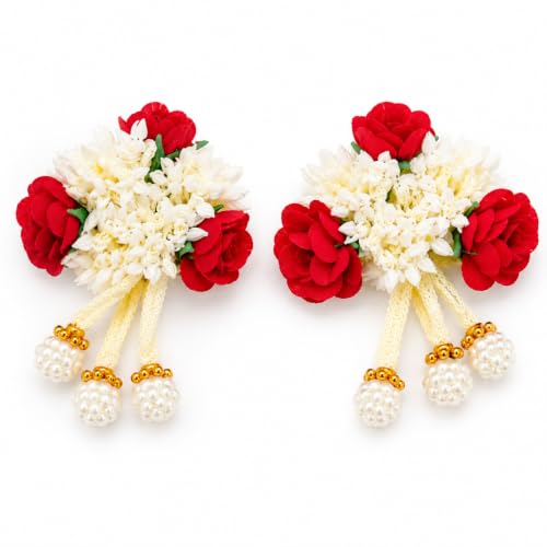 Image of Alvero 12Pc Women Floral Gajra Hair Accessories with Red Roses, White Flowers, Pearl & Golden Bead Tassels - Traditional Indian Bridal Hair Decoration for Wedding, Festive, Ethnic Hairstyles & Valentine Gifting (12-Piece)