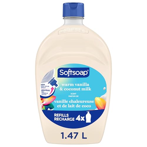 Softsoap Moisturizing Liquid Hand Soap with New Easy Pour Spout Kitchen and Bathroom Hand Soap Warm Vanilla and Coconut Milk Scent 50 fl oz Refill