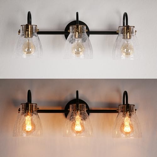 Image of KSANA Bathroom Light Fixtures, 3 Light Black and Gold Vanity Lights for Bathroom with Clear Cracked Glass Shade, 22.4'' Modern Brass Bathroom Lights Over Mirror