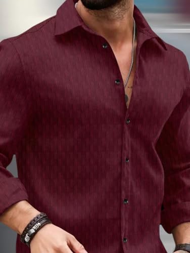 Image of DEELMO Men's Regular Fit Button Down Dress Shirts Textured Long Sleeve Casual Hawaiian Shirt
