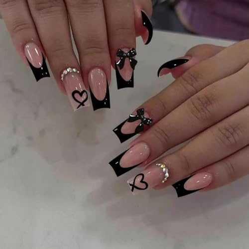 Medium Press on Nails Coffin - Black French Tip Fake Nails with Bow Charms Design - Heart Nails Press ons - for Women 24 Pcs