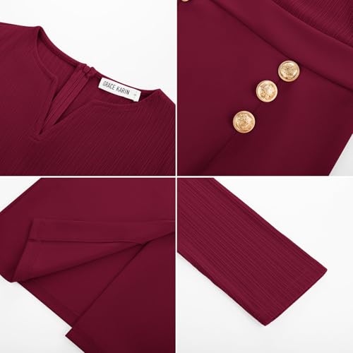 GRACE KARIN Women's 2025 Fall Henly V Neck Business Work Dress Long Sleeve Bodycon Midi Elegant Office Sheath Dress 6