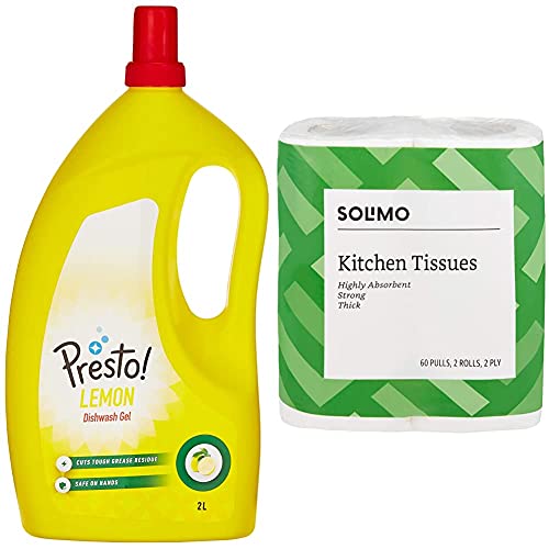 Image of Amazon Brand - Presto! Dish Wash Gel - 2 L (Lemon) & Amazon Brand - Solimo 2 Ply Kitchen Tissue Paper Roll - 60 Pulls (Pack of 2) Combo