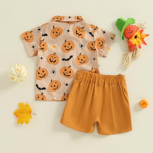 Image of Biayxms Baby Boy Halloween Outfits Pumpkins Gentlemen Suit Short Sleeve Button Up Shirts Shorts Pants Baby Halloween Clothes