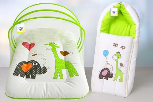 Image of Toddylon Cotton Baby Bedding Set New Born Baby Bed | Carry Bag | Mattress | Mosquito Net | Insect Protector | Infants Carry Bed (0-6 Months) Green (2PCS Set), 24 tc