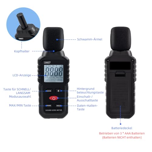 Tolesum Dezibel Messgerät, Digitaler Schallpegelmessgerät 30 dB bis 130 dB mit LCD-Display, Lärmmessgerät für Büro, Baustelle, Fabrik