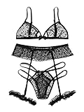 WDIRARA Women's Star Mesh Ruffle Lingerie Set Bralettes and Panty with Garter Black M
