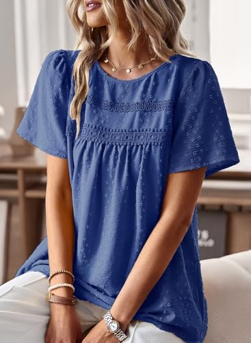 Image of Falechay Womens Summer Tops Crewneck Short Sleeve Shirts Casual Chiffon Blouses Flowy Lace Hem Boho Clothing Trendy 2026
