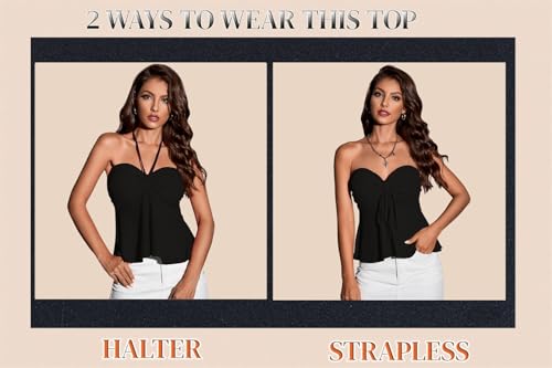 Milumia Women Tie Front Ruched Tube Top Strapless Flared Hem Peplum Bandeau Tops3