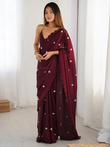 Image of AKHILAM Women's Satin Silk Sequence Embroidery Saree With Unstitched Blouse Piece