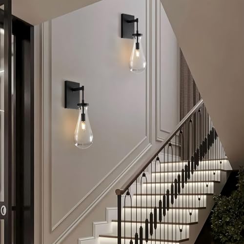 Image of 17 inch L Wall Sconces Set of 2, Black Wall Lights Fixtures Bathroom Vanity Light Modern Raindrop Wall Lamps for Living Room,Bedroom,Hallway,Stairs,Indoor