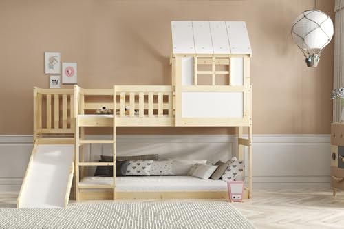 Interbeds Lit Superposé Cabane pour Enfants 90x200 cm – Mezzanine avec Toboggan et Echelle, Bois Massif de Pin Naturel, Écologique, Barrière de...