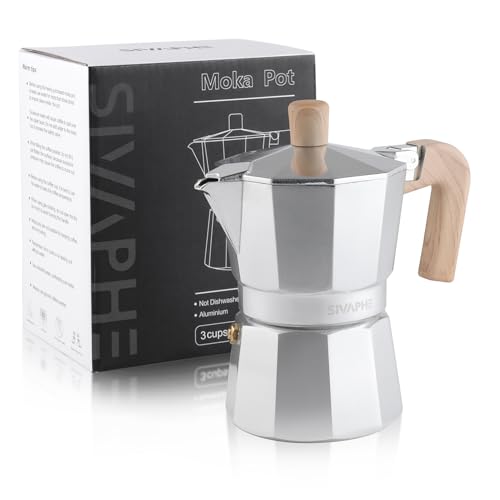 Sivaphe Stovetop Coffee Maker 150ml/3 Cups, Aluminium Moka Pot Italian Espresso Maker with Heat-Resistant Handle, Sliver