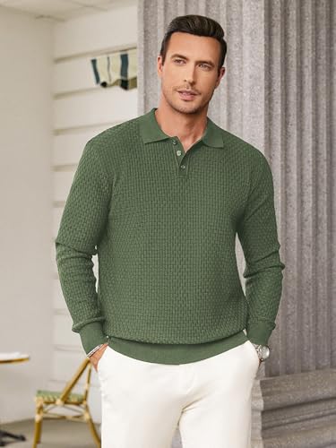 Camisetas polo tejidas de manga larga para hombre de Hardaddy, tops casuales con cuello tipo polo y textura miniatura 4