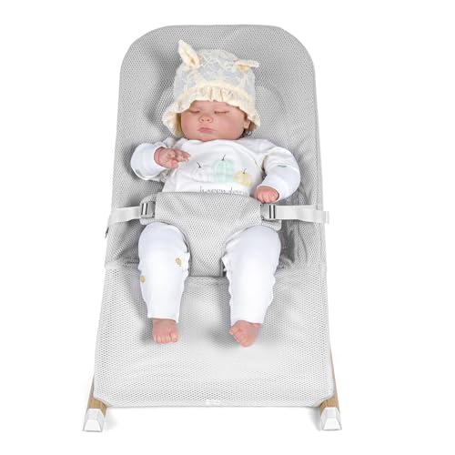 SeedFuture Baby Bouncer, Portable Baby Bouncer Seat for Babies 0-12 Months with Wood Grain Base Natural Vibrations, Grey
