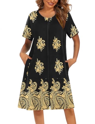 Image of Ekouaer Women Robes Lightweight House Coat Short Sleeve Floral Print Mumu House Dresses with Pockets Zipper Nightgowns