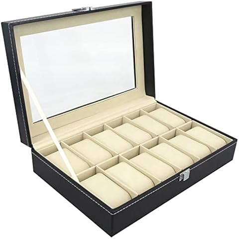 Watch Box Display Storage Case: Men Watches Boxes Organiser 12 Slots Black PU Leather Jewellery Holder - Gift Wrist Watchbox Luxury Lock Jewelry Cases with Glass Lid for Watch Ring Cufflink Collection Cover