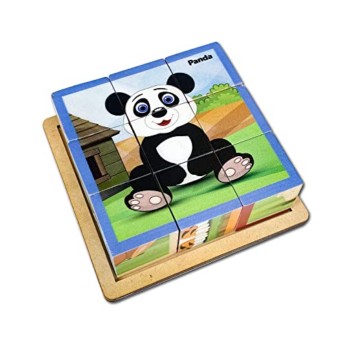 Mini Leaves 6 in 1 Wooden Cube Puzzle Wooden Blocks for Kids | Animals 6 Sides with 6 Animal with Storage Tray Kids 3+ Years