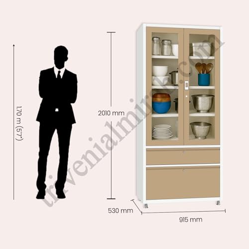 Image of Triveni Almirah Annapurna-5 Steel Wardrobe for Kitchen & Home Use | 10 Year Guarantee on Paint & Locks | 2-Door Glass Almirah with 2 Drawers | Separate Locks for Doors & Drawers | Powder-Coated Finish