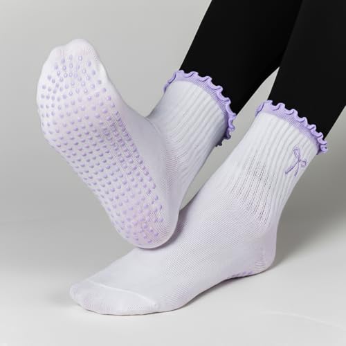 Image of Jeyiour Summer Cute Pilates Socks Women Bow Nonslip Ruffle Yoga Socks with Grip Barre Pilates Gift for Work Dance Fitness